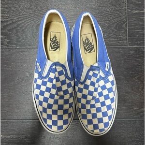 VANS BLUE AND WHITE CHECKERED SLIP ONS